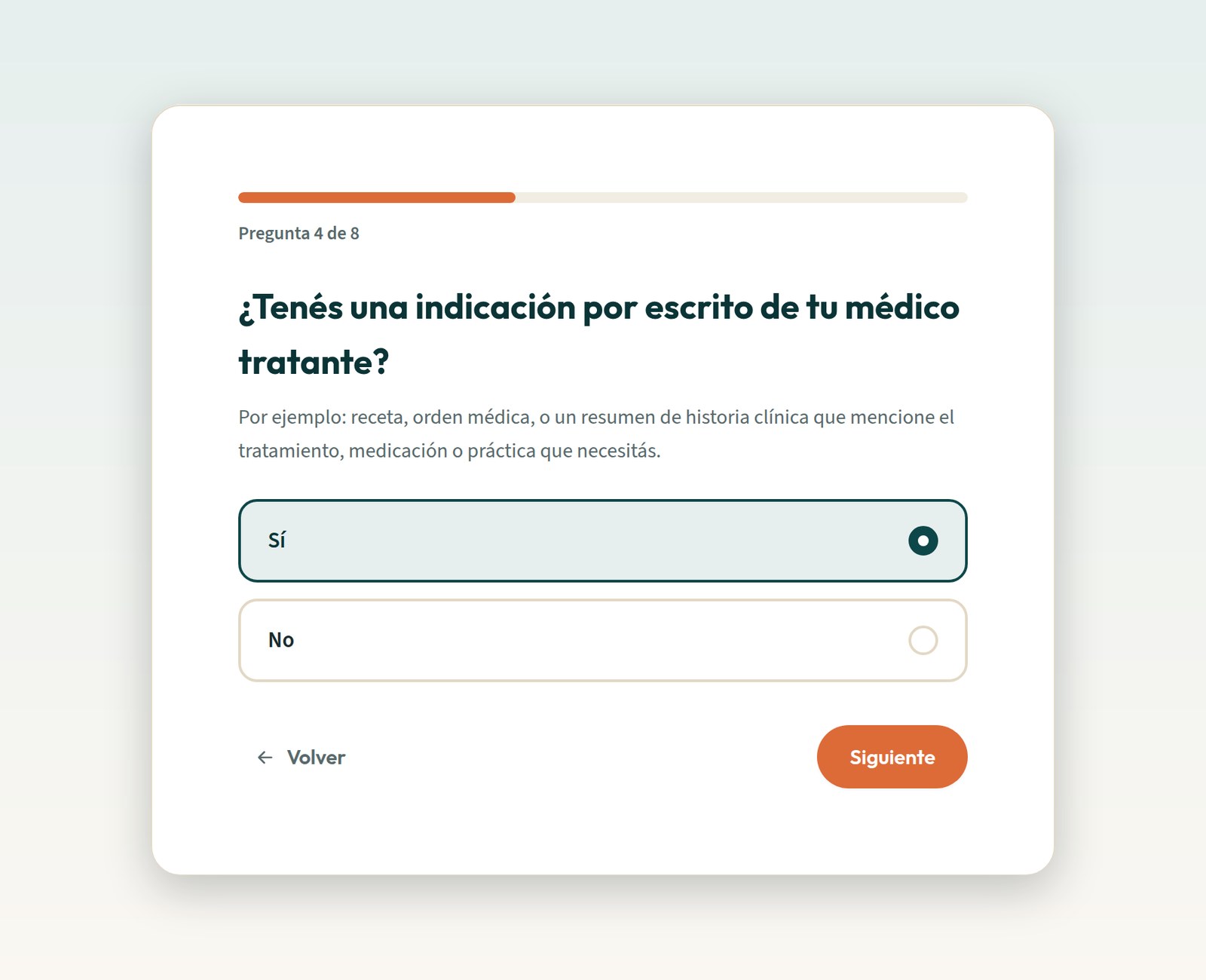 Formulario de evaluación de Que Te Cubran: la pregunta sobre si tenés una indicación por escrito de tu médico tratante, con las opciones Sí y No